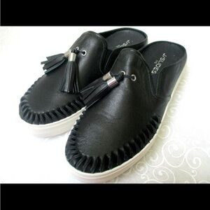 J Brand Andie Black Leather Slide Loafers with Tassels
